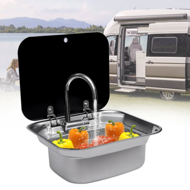 Lavabo camping car Premium avec couvercle en verre trempé